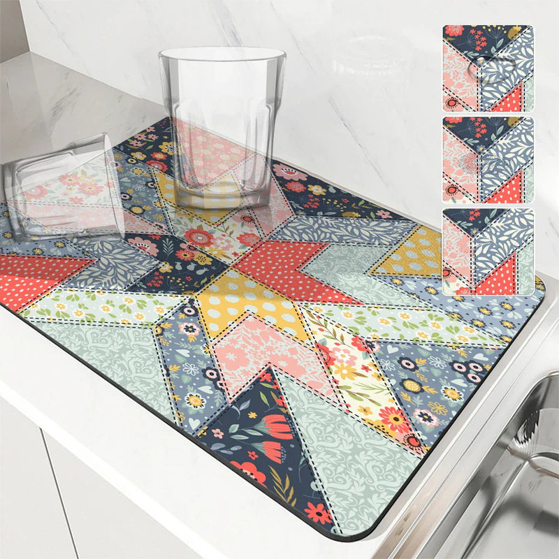 Axyaa Floral Geometry Kitchen Absorbent Draining Mat - Quick Dry Drain Pad