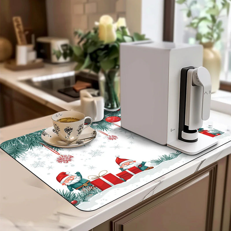 Axyaa Christmas Watercolor Absorbent Dish Drying Mat with Rubber Backing