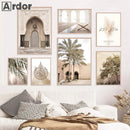 Morocco Architecture Islamic Canvas Art Print with Beige Flower Palm Tree Painting - Axyaa
