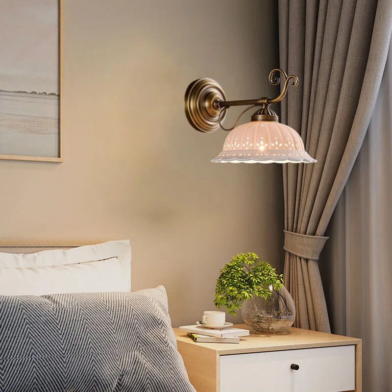 Axyaa White Ceramic Wall Light with E27 Bulb, Old Brass Finish