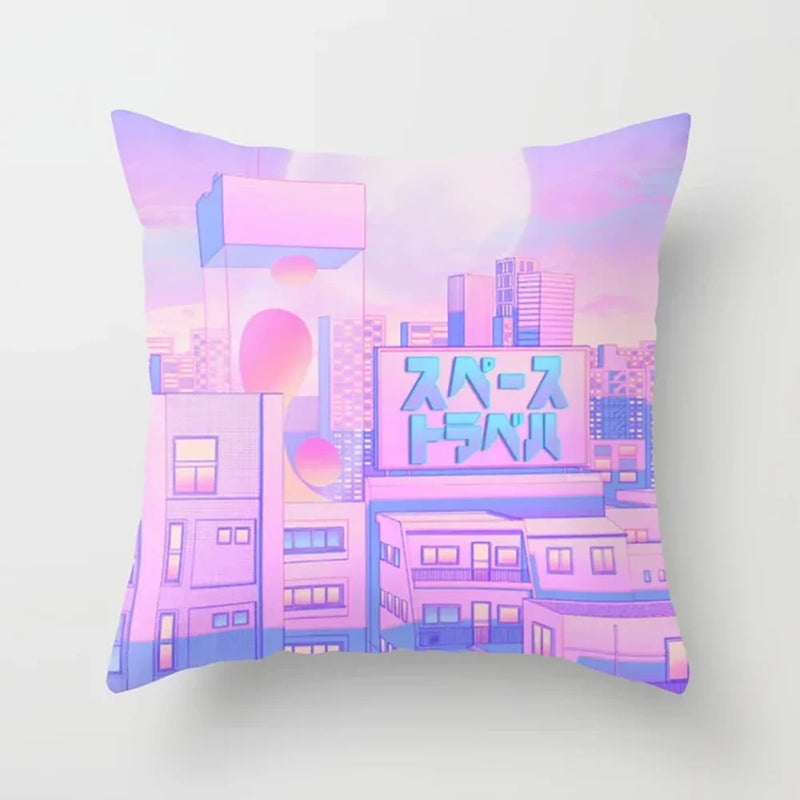 Pink Anime City Print Polyester Pillowcase 45x45cm for Bedroom Living Room by Axyaa.
