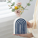 Axyaa Blue & White Stripes Ceramic Vase with Artificial Flowers for Aesthetic Room Decor