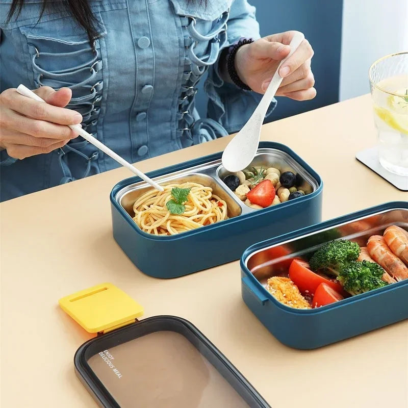 Axyaa Stainless Steel Lunch Box: Portable Microwavable Bento Food Storage, 1/2 Layers Grids