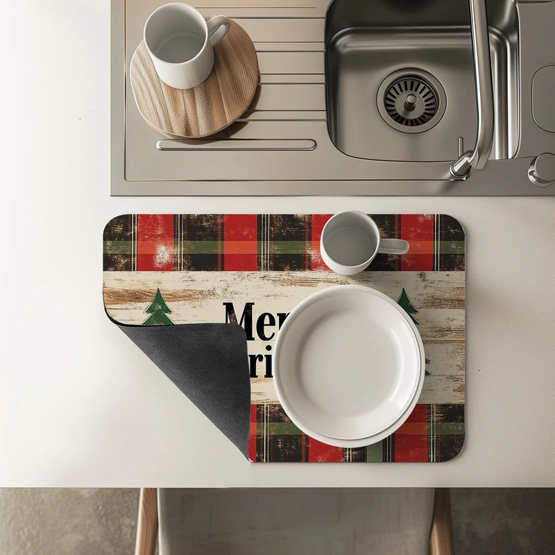 Axyaa Christmas Plaid Kitchen Antiskid Drying Mat | Quick Dry Bathroom Drain Pad
