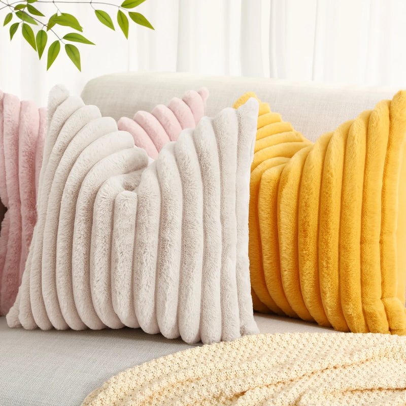 Axyaa 16x16 Faux Fur Striped Pillow Covers 2pcs - Soft Plush Velvet Back