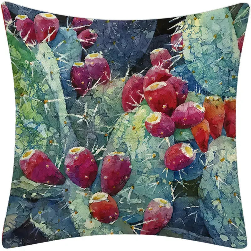 Luxurious Axyaa Succulent Cactus Flower Printed Linen Throw Pillow Case