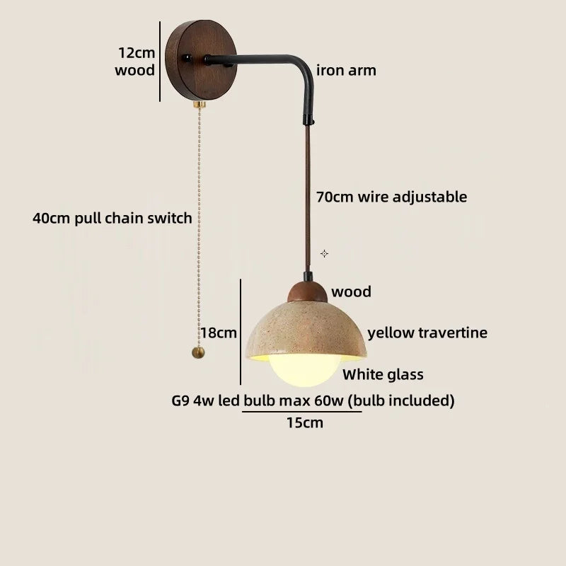 Axyaa White Glass Wall Lights with Yellow Stone Art - Pull Chain Switch, LED, Wabi Sabi Style