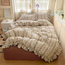 Axyaa Cream Lace Girl Powder Grid Korean Double-Layer Quilt Cover Set