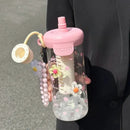 Axyaa Bow Flower Tea Glass w/ Straw Bottle, Cold Coffee Cup - Women's Drinkware