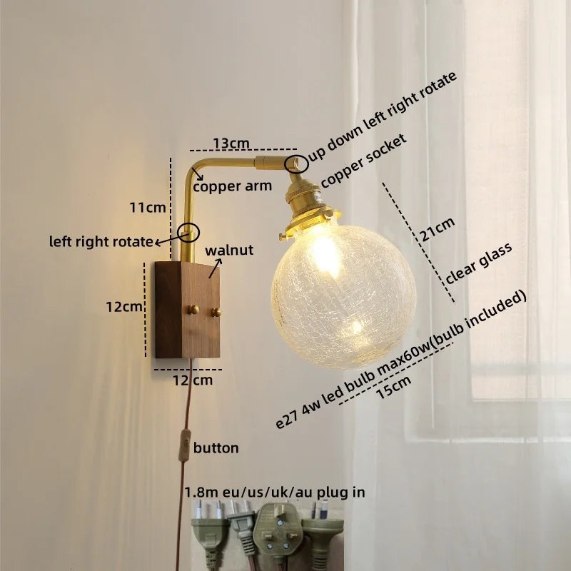 Axyaa Glass Copper LED Wall Lights Modern Bedside Lamp for Home Decor