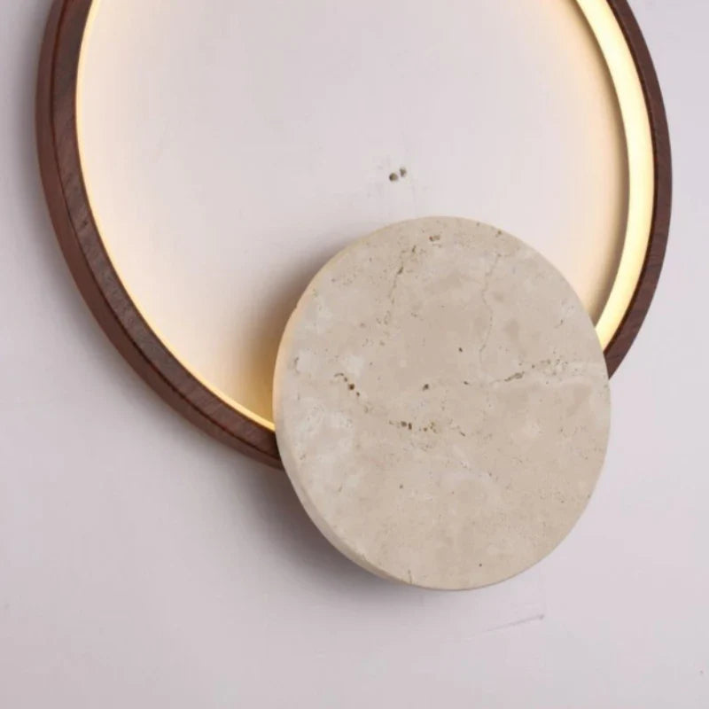 Axyaa Round Stone LED Wall Light Dark Wood Dimmable Indoor Sconce