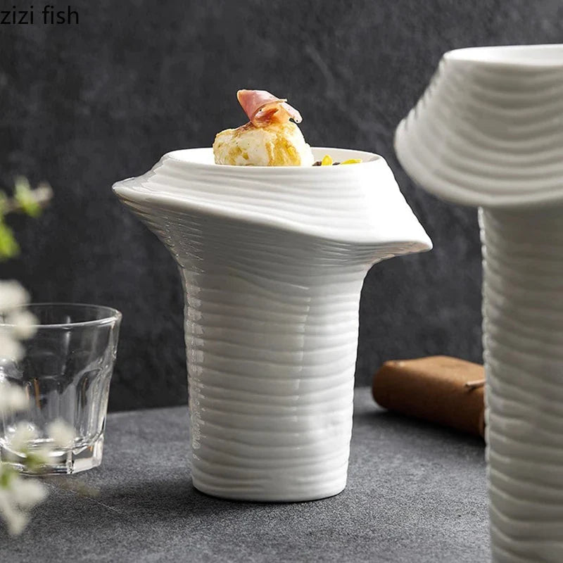 Axya High Feet Ceramic Dinner Plate - Irregular Thread Design - Restaurant Tableware