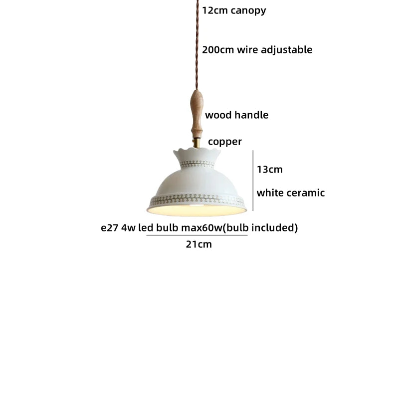 Axyaa Ceramic Pendant Light Wood White LED Lamp for Living Room & Cafe