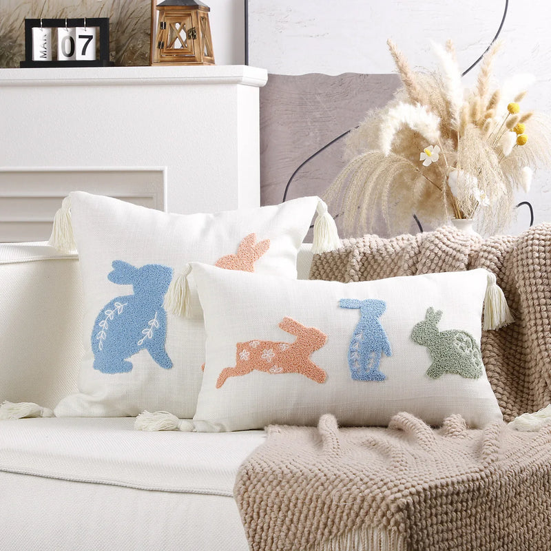 Axyaa Bunny Rabbit Floral Embroidery Pillow Cover, Soft Canvas Texture, Easter Home Decor