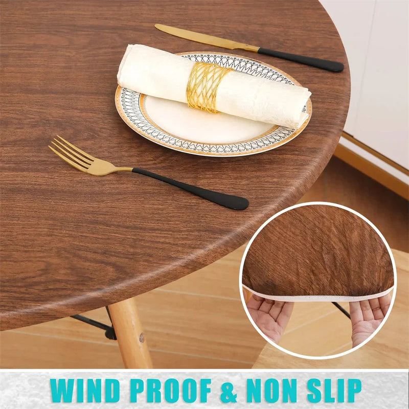 Axyaa Waterproof Elastic Round Tablecloth with Flannel Backing - Dining Table Cover