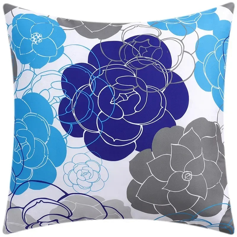 Axyaa Blue Floral Print Cushion Cover 45x45cm - Modern Sofa Car Decorative Pillow Cover