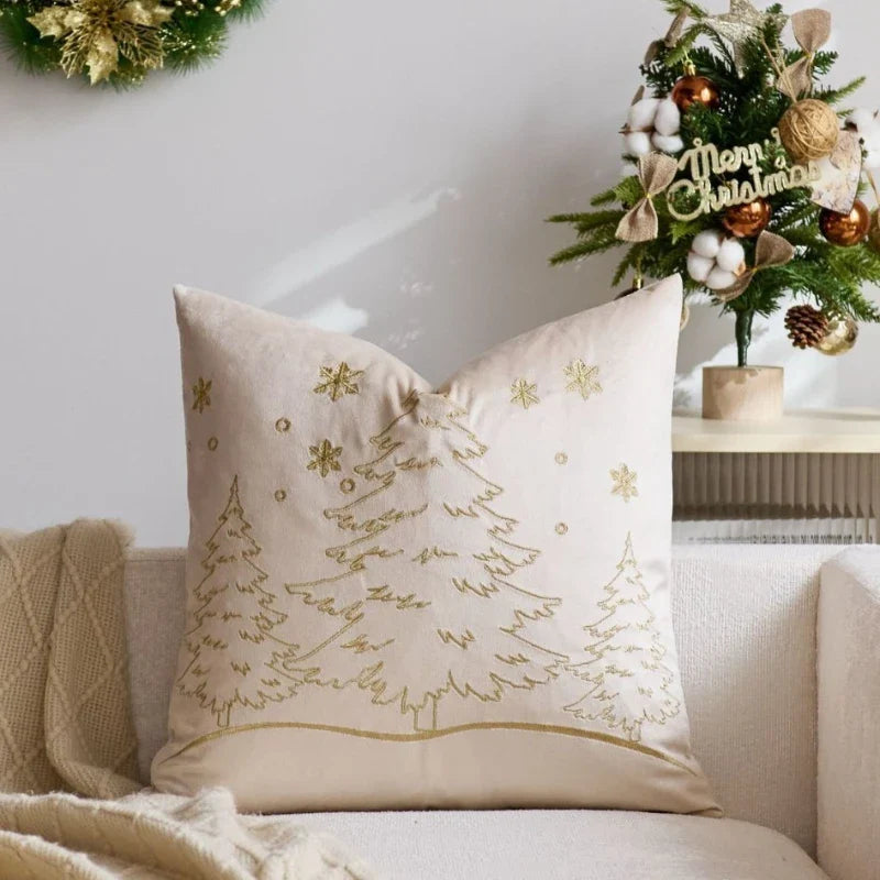 Axyaa Christmas Tree Pillow Cover - Silver Gold Snowflake Velvet - Home Decoration - 45x45cm