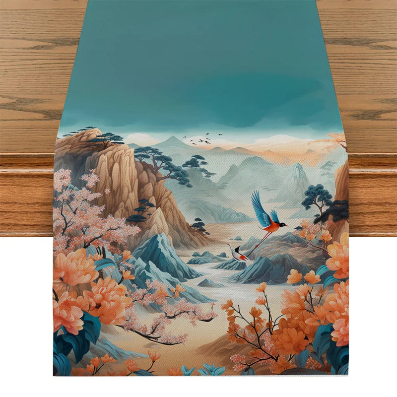 Axyaa Mountain Flower Birds River Table Runner Farmhouse Dining Wedding Decor