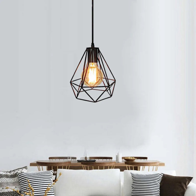 Axyaa Diamond Iron Cage Pendant Lamps for Retro Loft Industrial Kitchen Lighting