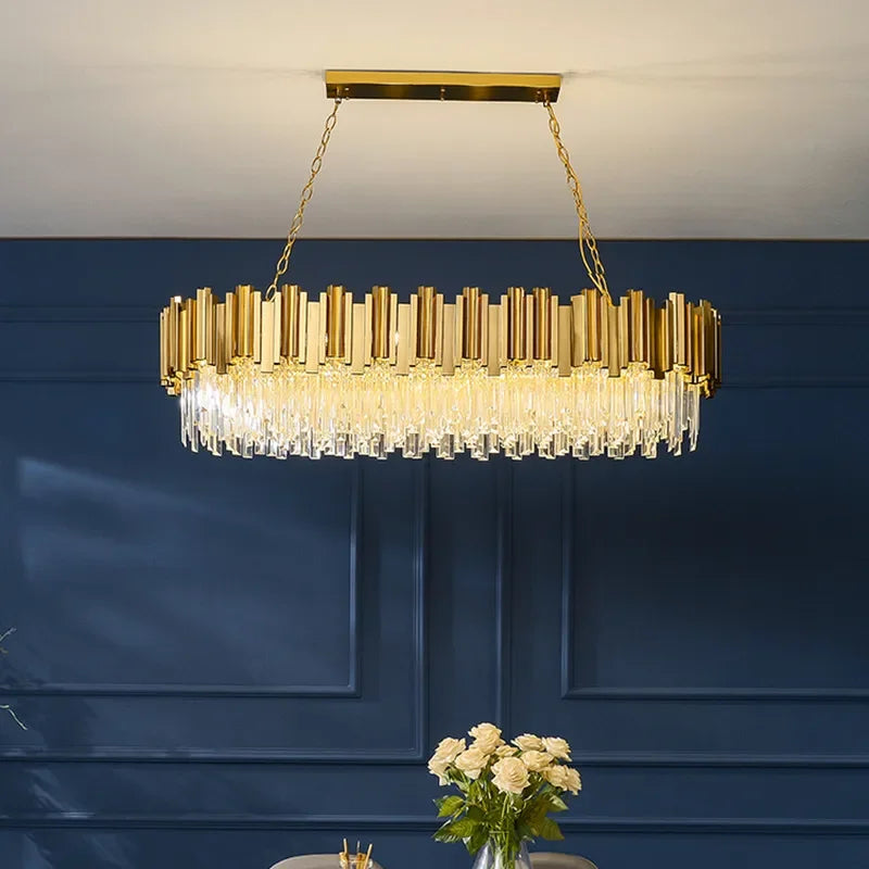 Axyaa Shiny Gold Crystal Chandelier LED Pendant Lights - Modern Luxury Living Room Decor