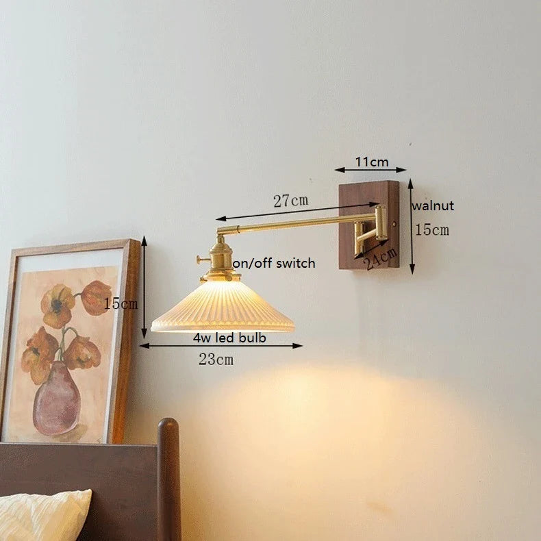 Axyaa Walnut Ceramic LED Wall Lamp with Copper Arm, Rotate, Pull Chain Switch