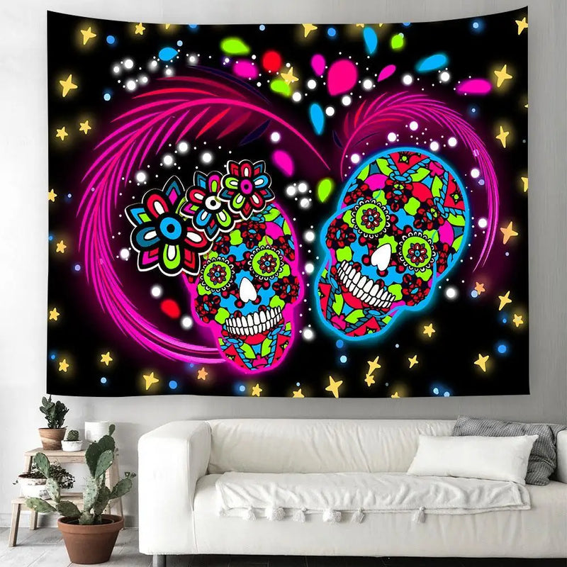 Axyaa Day of the Dead Skull Tapestry: Boho Room Decor Wall Hanging