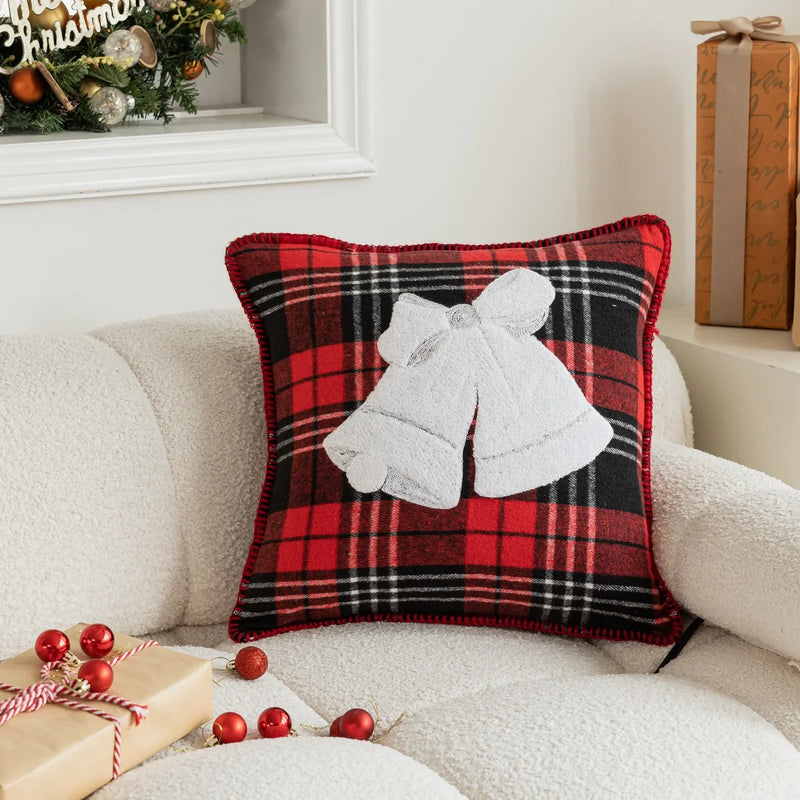 Axyaa Snowflake Jingle Bell Cushion Cover 45x45cm Checkered Christmas Pillow Case