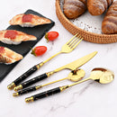 Axyaa Gold Ceramic Dinnerware Set with Stainless Steel Flatware & Cutlery in Luxe Storage Rack