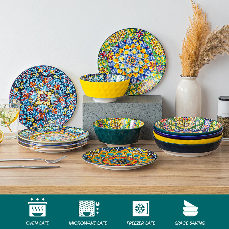 Axya Bohemian Stoneware Dinnerware Set - 24 Piece Ceramic Tableware