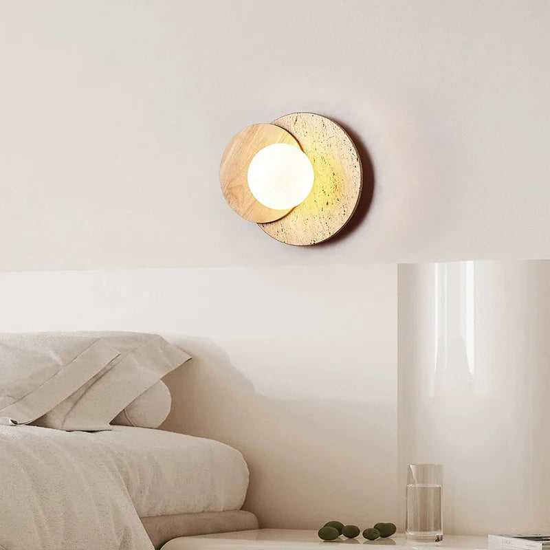 Axya Cream Style Stone Wood Bedside Wall Lamp for Wabi-sabi Home Decor