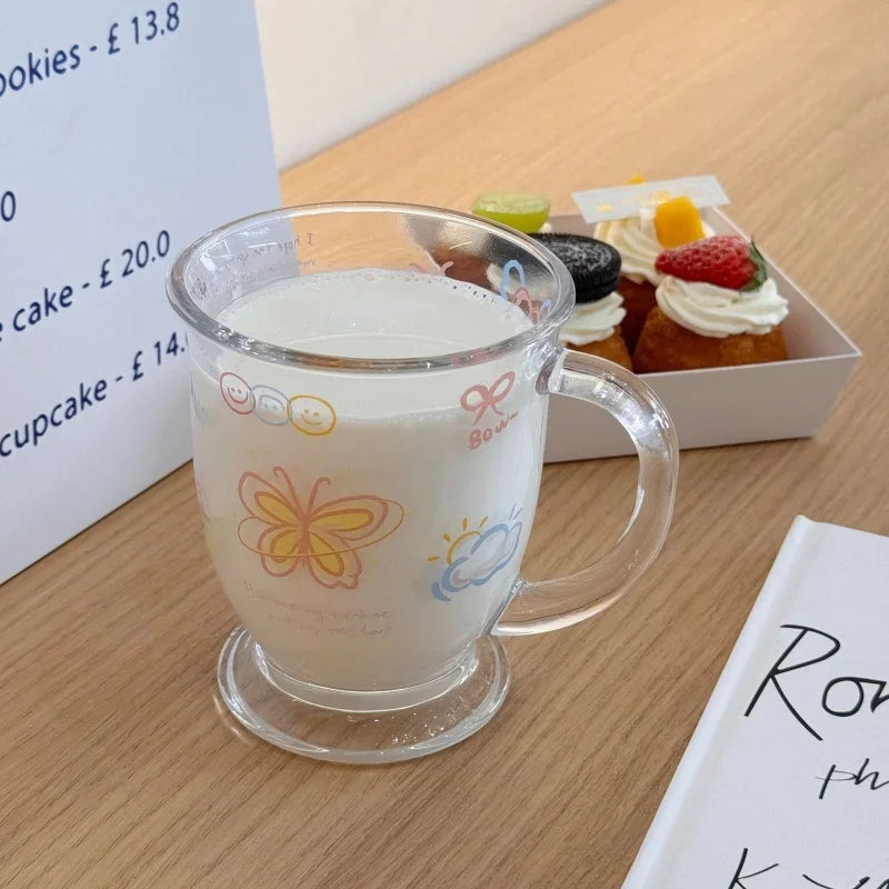 Axyaa Butterfly Glass Juice Mug - Cute Kawaii Design, 400ml, Cold Drink Cup
