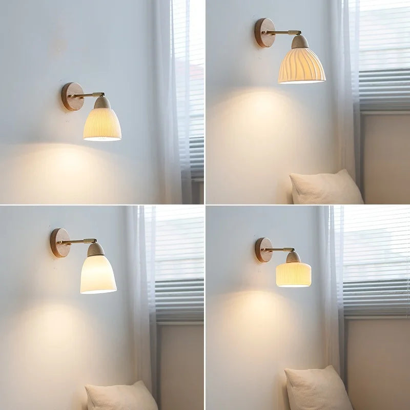 Axyaa White Ceramic LED Wall Sconce – Wooden Socket Stair Wall Light