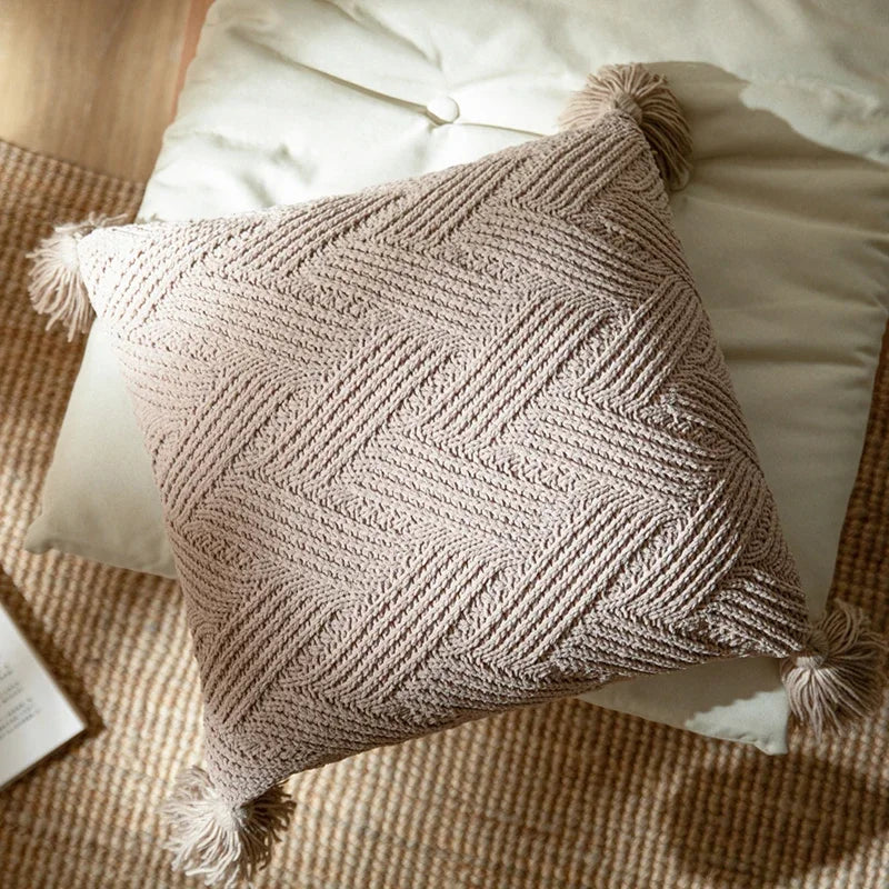 Axyaa Twill Knit Cushion Cover 45x45cm - Solid Pillow Case with Tassels