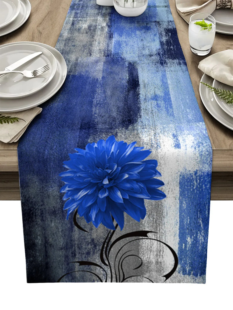 Axyaa Blue Dahlia Oil Painting Table Runner - Home Dinner Table Decor