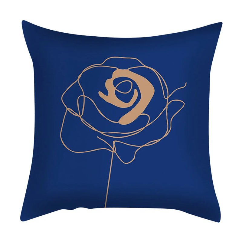 Axyaa Blue Daisy Geometric Flower Leaf Pillow Cover Square Decorative Cushion Cover