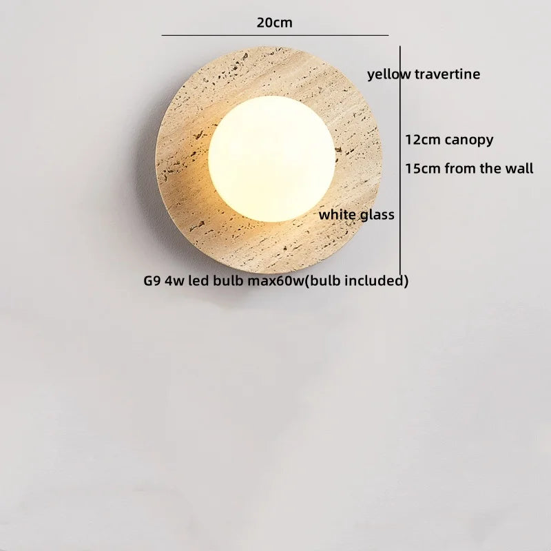 Axyaa Wabi Sabi LED Wall Light Yellow Travertine Stone Glass Ball Wandlamp
