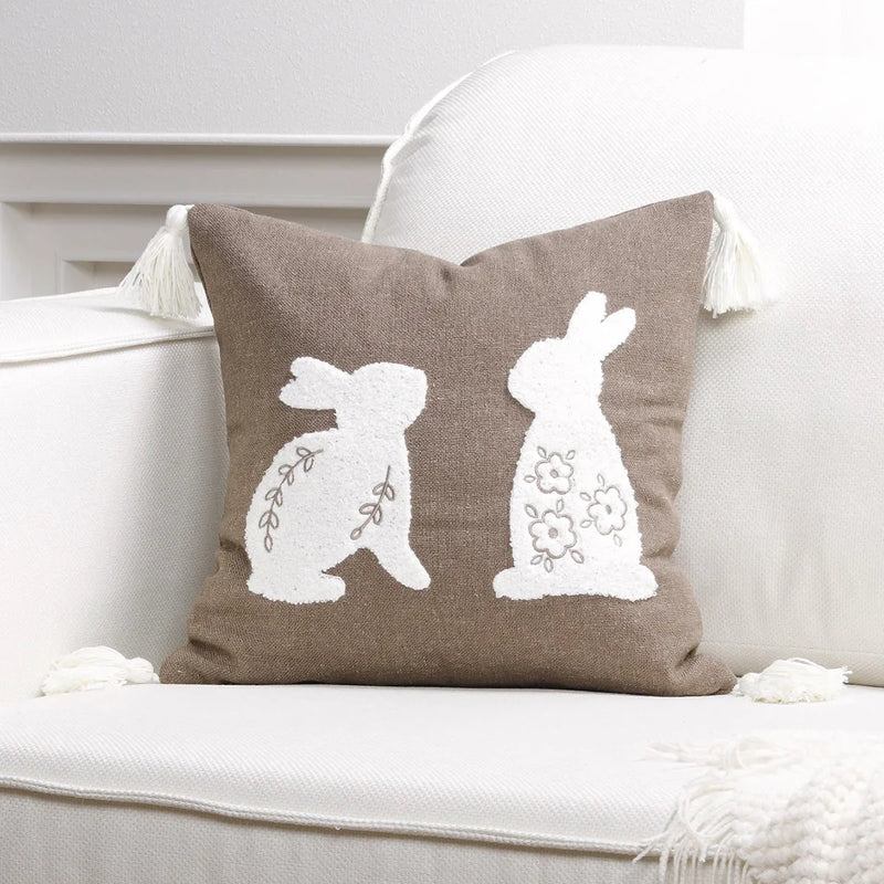 Axyaa Bunny Rabbit Floral Embroidery Pillow Cover, Soft Canvas Texture, Easter Home Decor