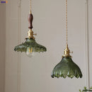 Axyaa Green Glass LED Pendant Lamp with Copper Wood Handle