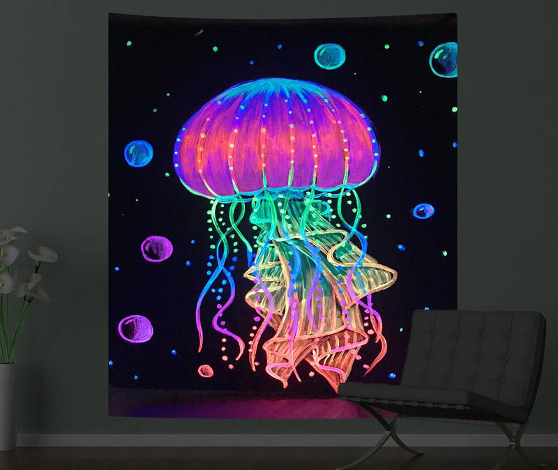 Axyaa Psychedelic Jellyfish UV-Reactive Tapestry for Bedroom and Dorm Decor