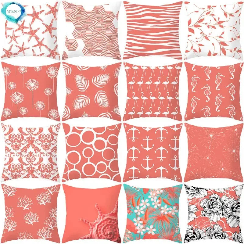 Axyaa Starfish Stripe Print Cushion Cover | Pink Coral Orange Home Decor Pillow Cover