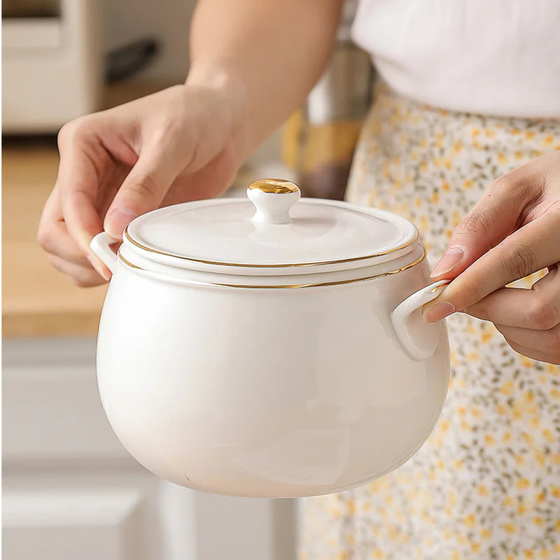 Axya Pure White Gold Edge Stew Bowl with Lid - Korean Design Soup & Dessert Cup
