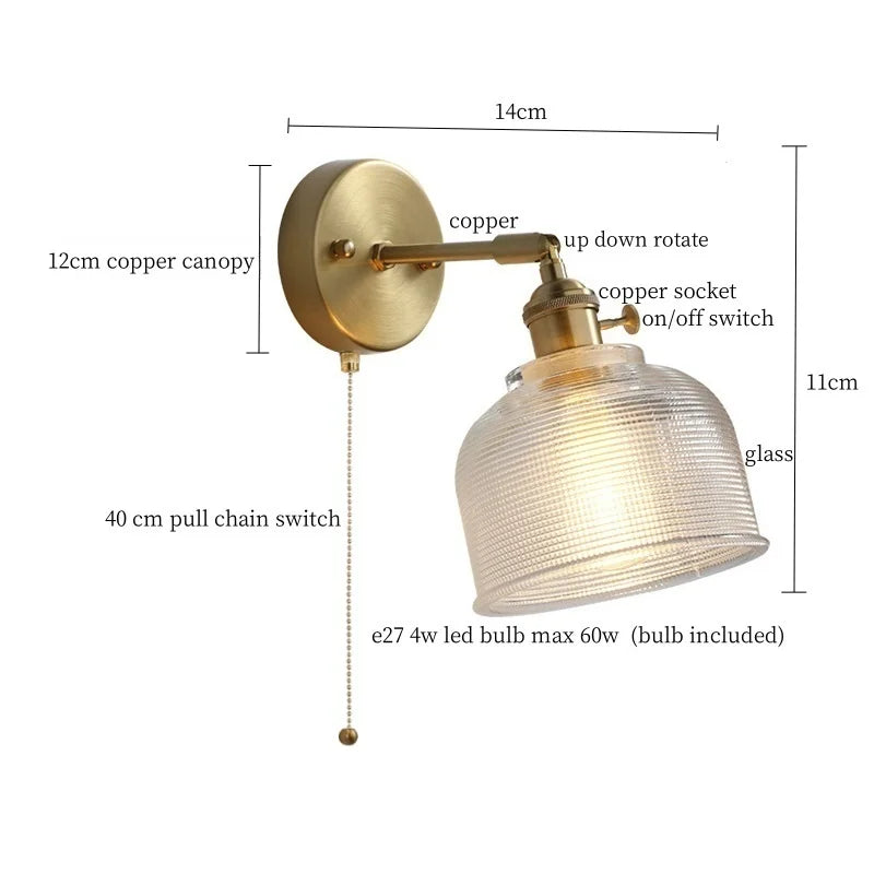 Axyaa Clear Brass Glass LED Wall Lamp with Pull Chain
