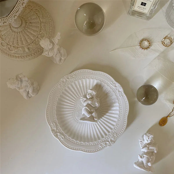 Ceramic Dessert Tray by Axya: Hand-carved White Disc for Jewelry Storage & Photography Props