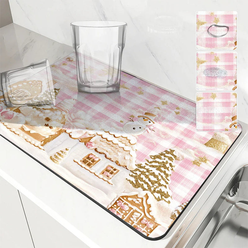 Axyaa Christmas Pink House Absorbent Drying Mat