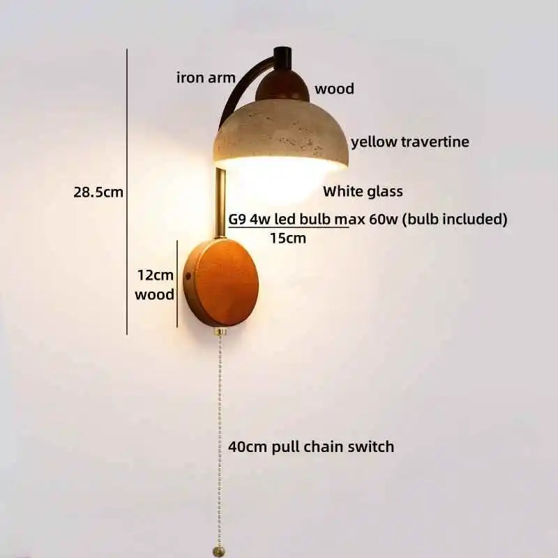 Axyaa LED Wall Lights Bathroom Decor Pull Chain Switch Black Iron Yellow Travertine