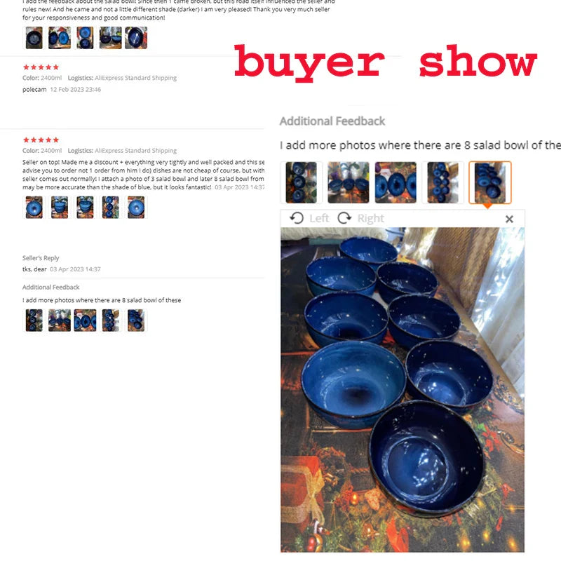 Axya Deep Blue Porcelain Salad Bowl - 2400ml Capacity