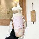 Axyaa Kawaii Cats Glass Water Bottle with Straw Holder and Strap