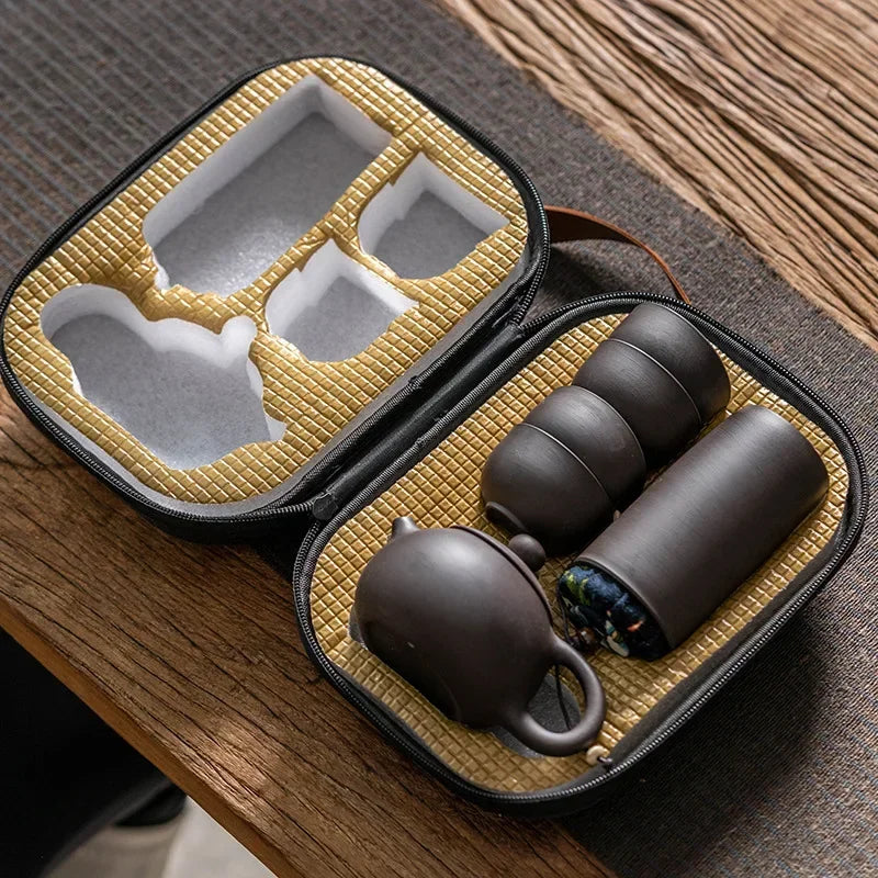 Axya Portable Purple Sand Tea Set: Pot, 4 Cups, Crack Cup, Kung Fu Style