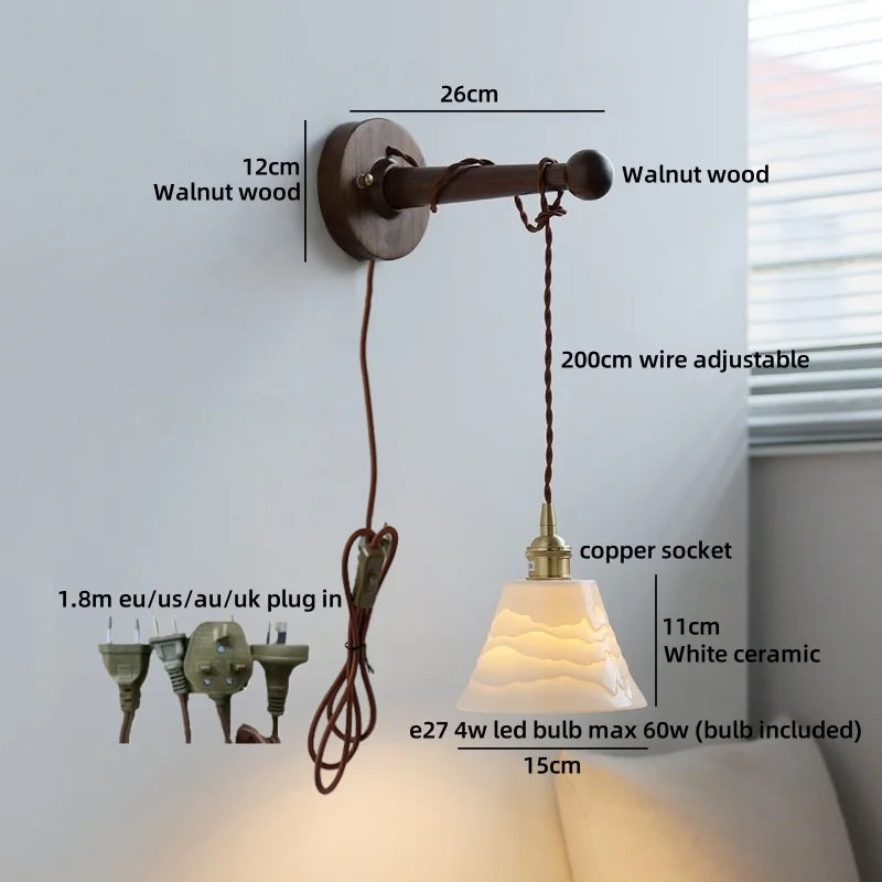 Axyaa Round Ceramic E27 Wall Lamp with Pull Chain Switch and Warm LED Light