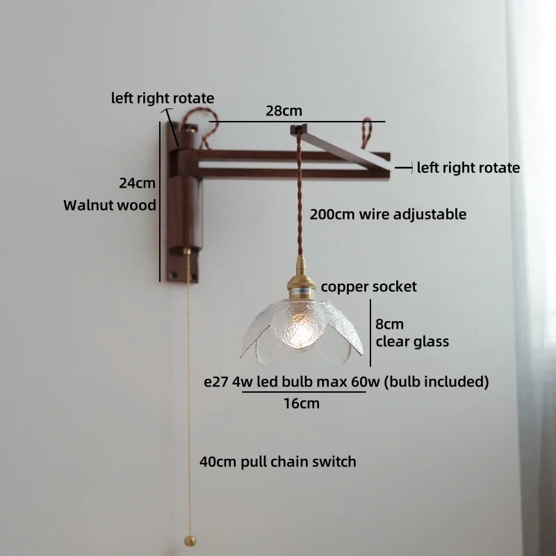 Axyaa Clear Glass LED Wall Sconce with Arm, Black Walnut Wood Stair Light